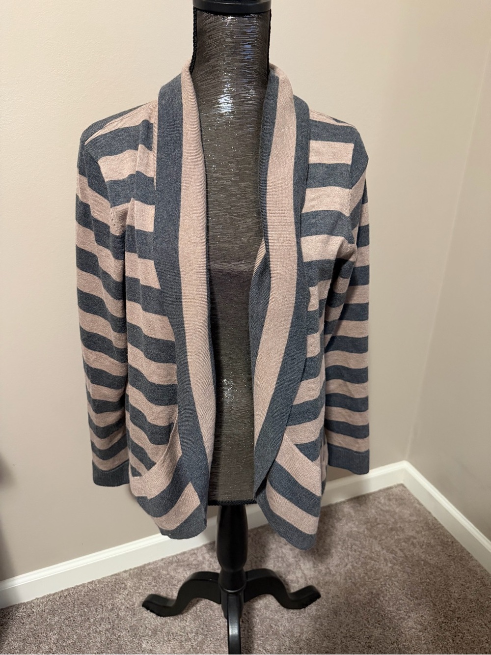 Verve Ami Striped Open-Front Women's Cardigan Sweater - Gray and Cream